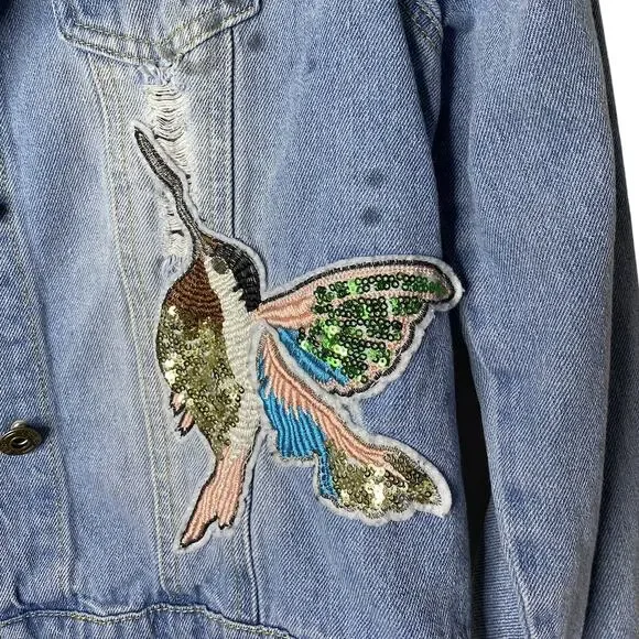 L.N.V By Lea Viola Distressed Jean Jacket with Patches Size Small - Picture 4 of 8